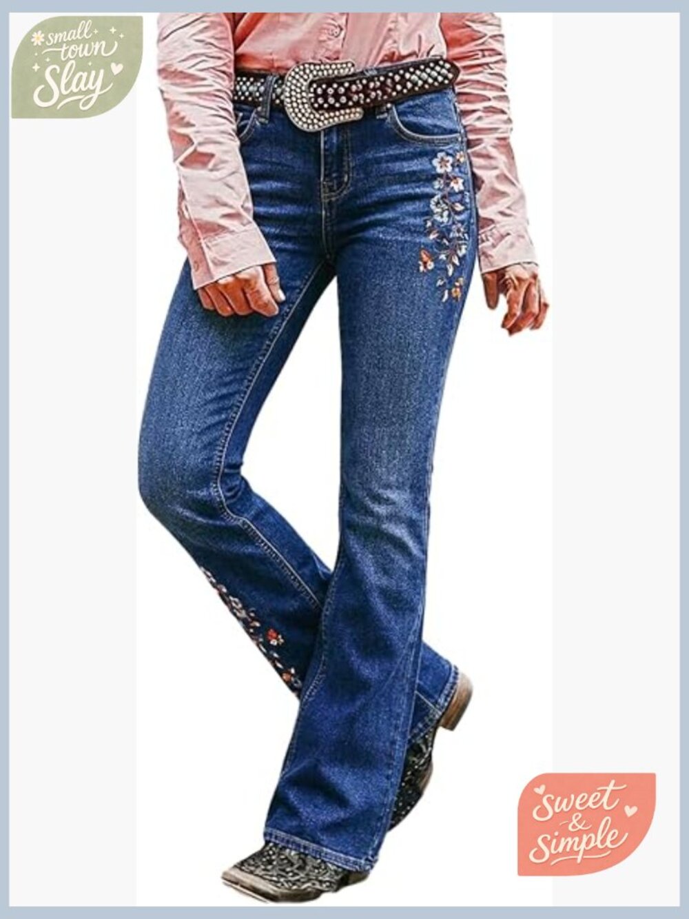 Floral Embroidery Bootcut Jeans High Stretch Mid Waist with Pockets